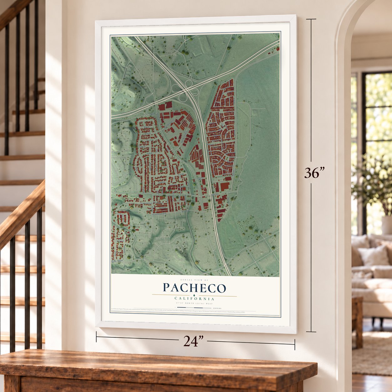 Pacheco, California map, 24 x 36 inch print in a white frame by a staircase
