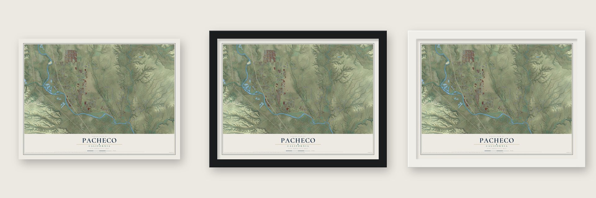 Pacheco, Shasta County, California map unframed, in a black wood frame and in a white wood frame