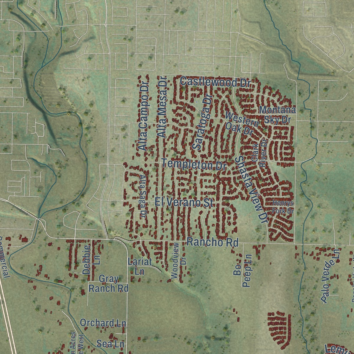 Second close-up of the map of Pacheco, Shasta County, California print showing more streets and buildings