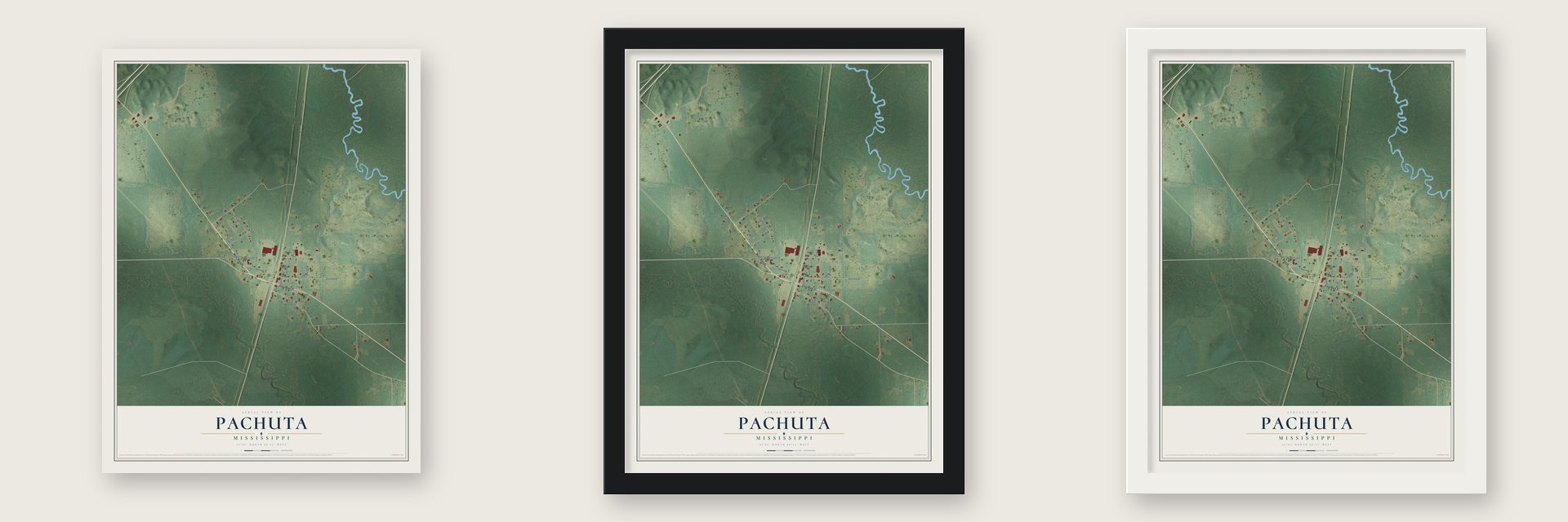 Pachuta, Mississippi map unframed, in a black wood frame and in a white wood frame