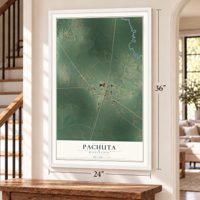 Pachuta, Mississippi map, 24 x 36 inch print in a white frame by a staircase