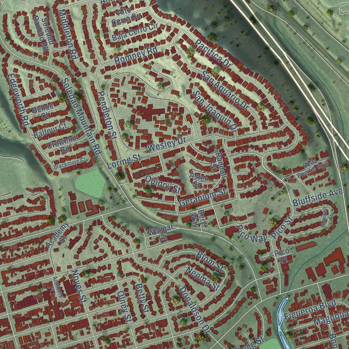 Second close-up of the map of Pacific Beach, California print showing more streets and buildings
