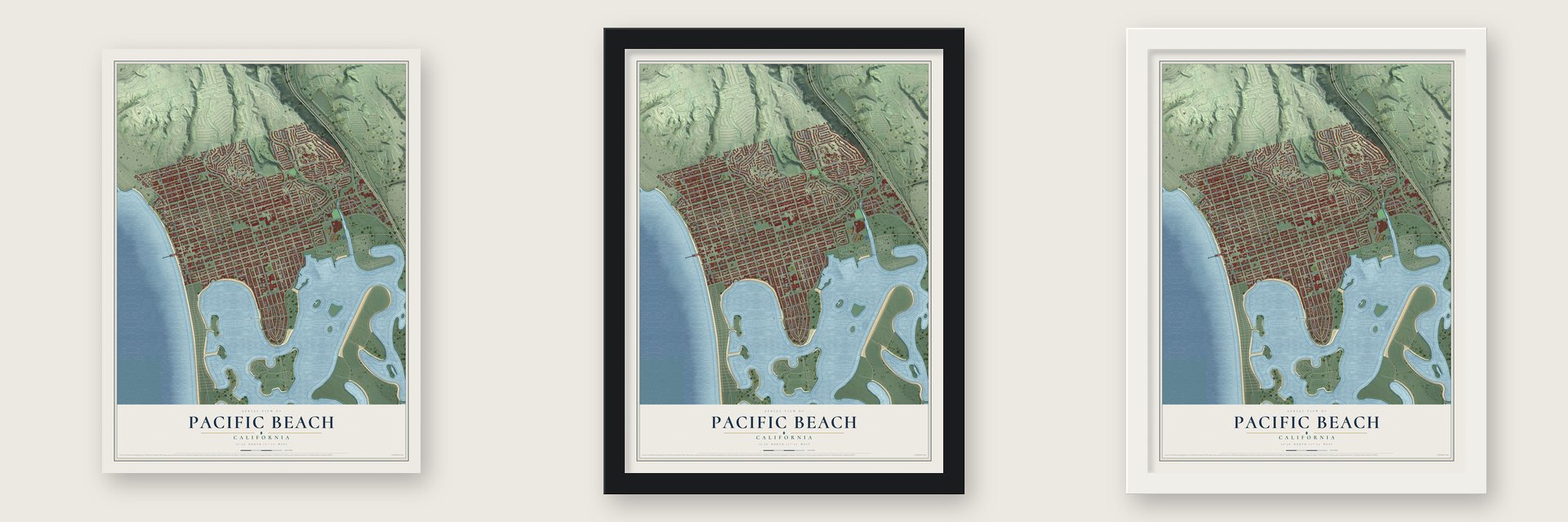 Pacific Beach, California map unframed, in a black wood frame and in a white wood frame