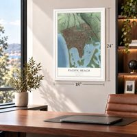 Pacific Beach, California map, 18 x 24 inch print in a white frame in a home office
