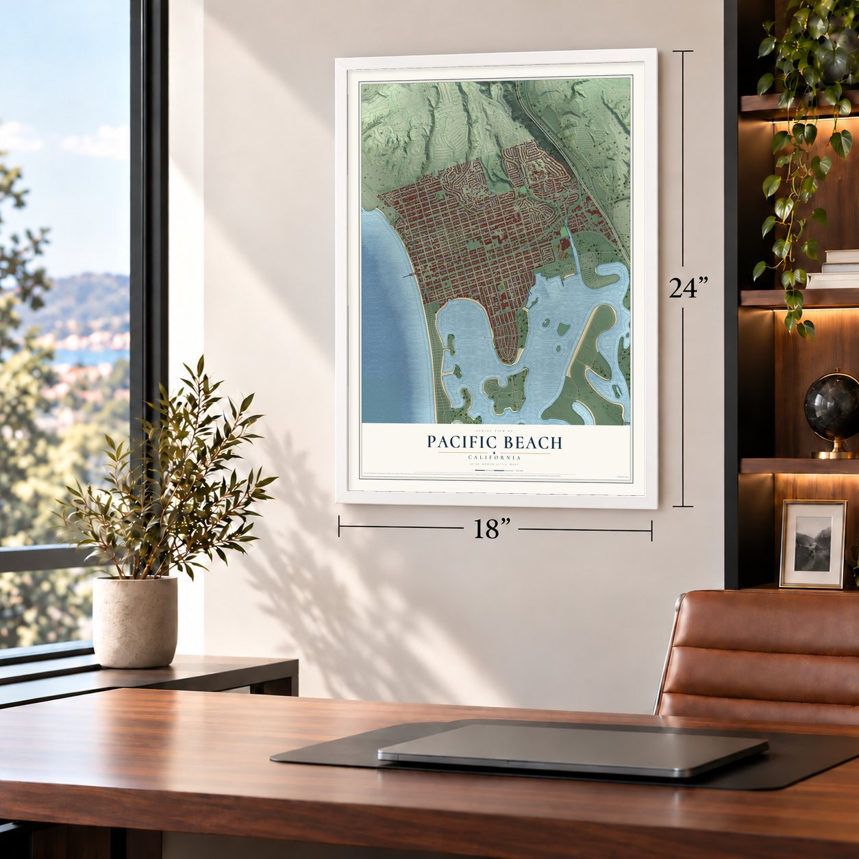 Pacific Beach, California map, 18 x 24 inch print in a white frame in a home office