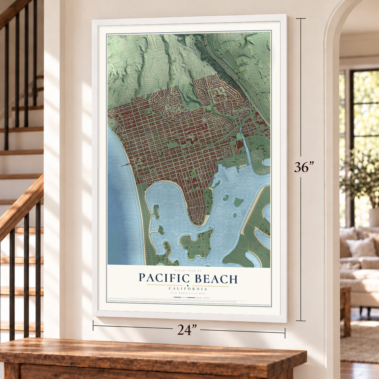 Pacific Beach, California map, 24 x 36 inch print in a white frame by a staircase