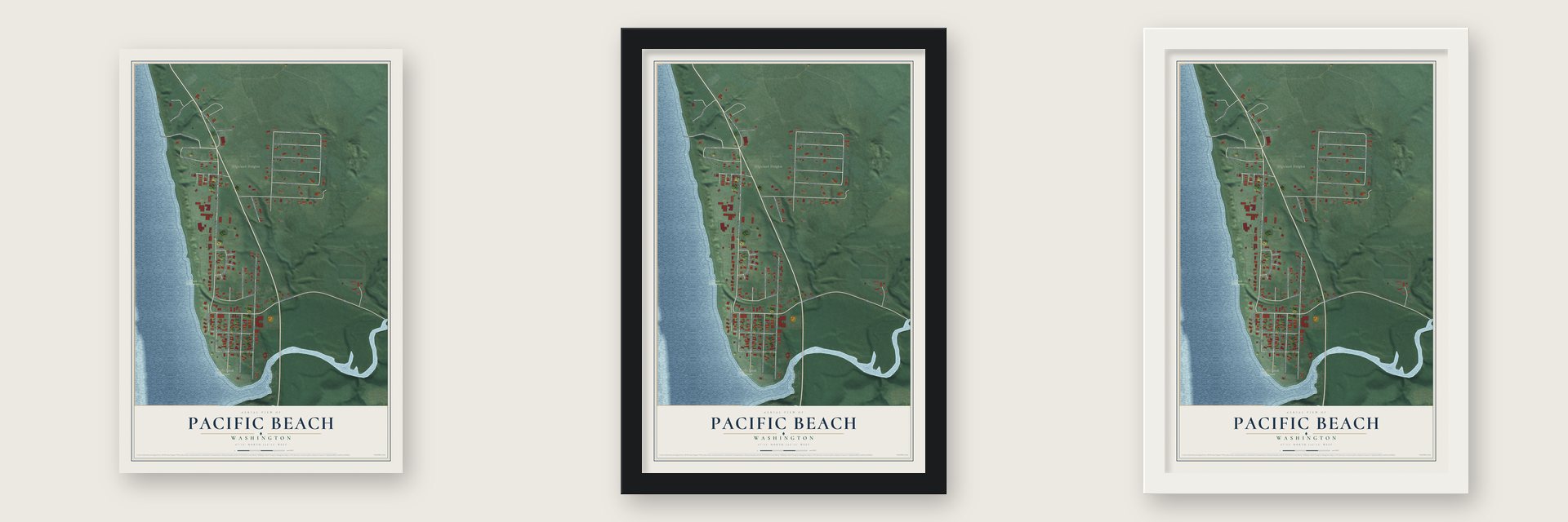 Pacific Beach, Washington map unframed, in a black wood frame and in a white wood frame