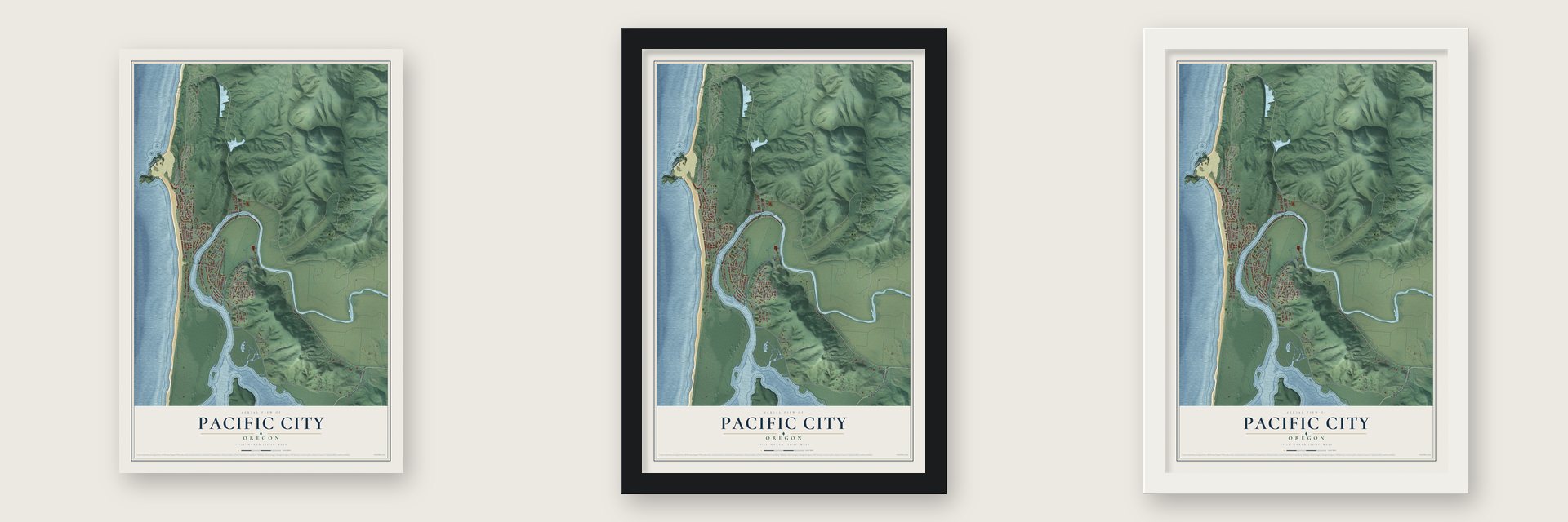 Pacific City, Oregon map unframed, in a black wood frame and in a white wood frame
