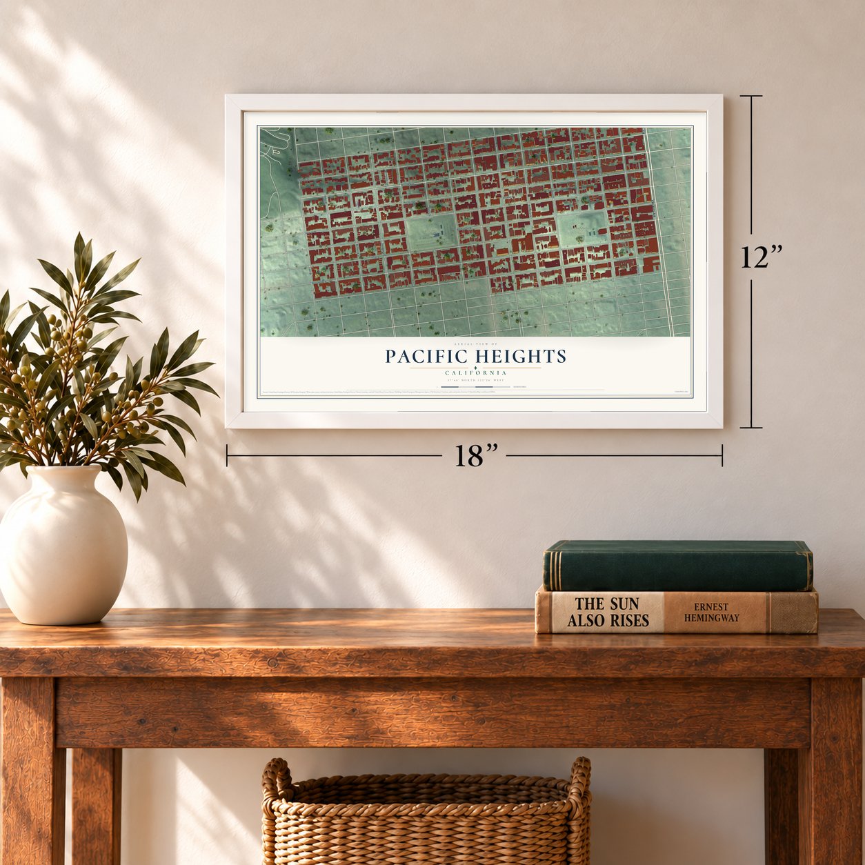 Pacific Heights, California map, 12 x 18 inch print in a white frame in an entryway