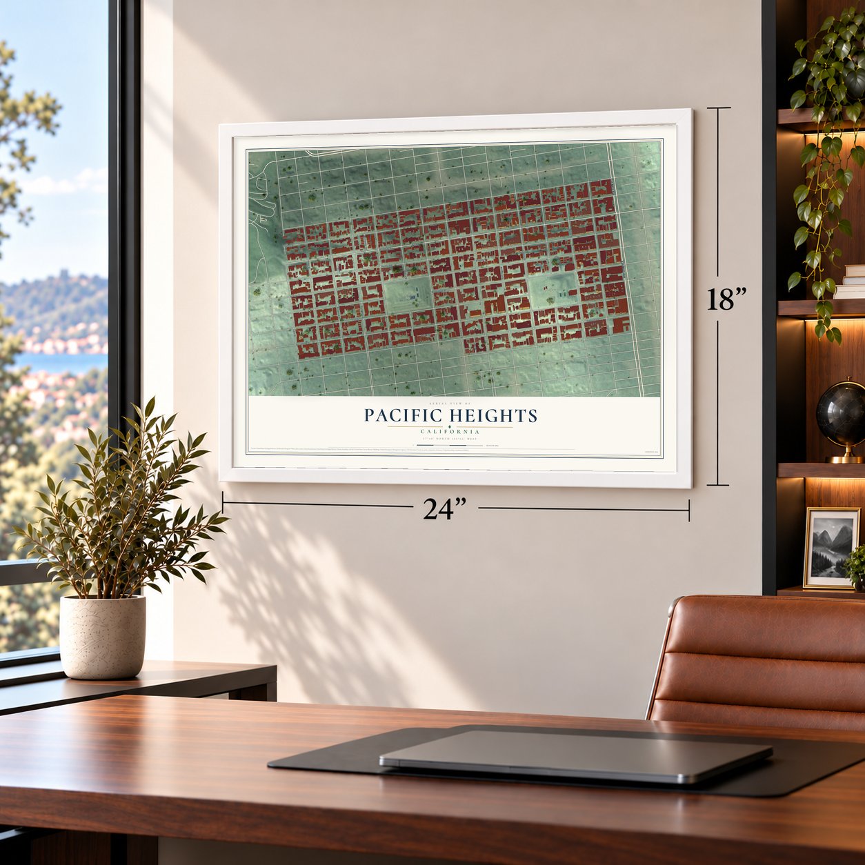 Pacific Heights, California map, 18 x 24 inch print in a white frame in a home office