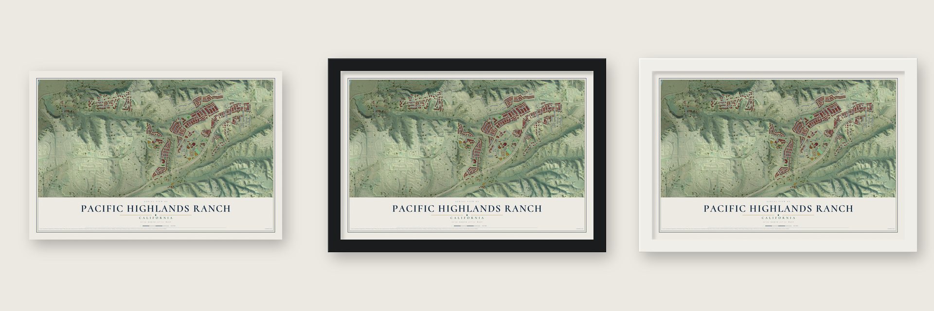 Pacific Highlands Ranch, California map unframed, in a black wood frame and in a white wood frame