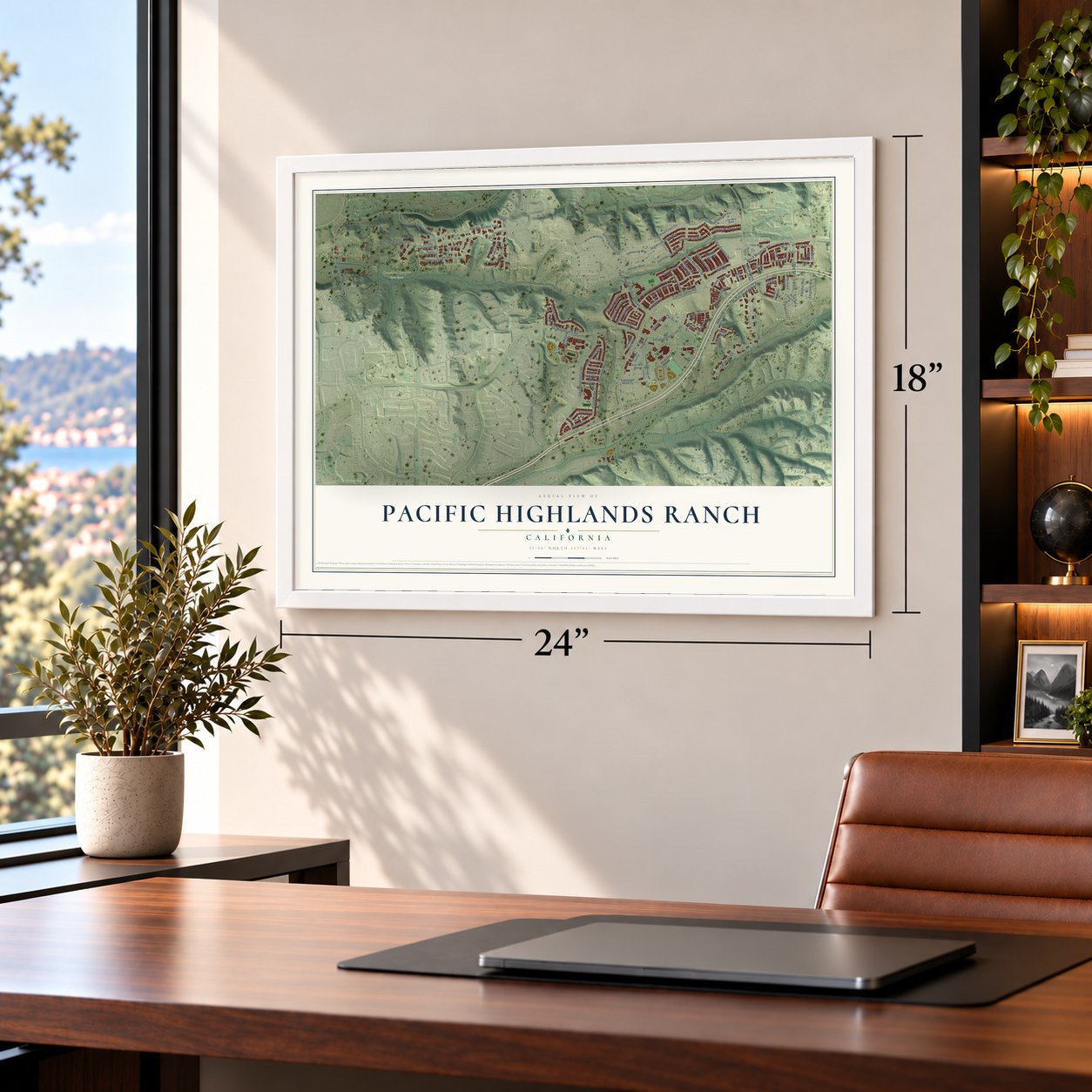 Pacific Highlands Ranch, California map, 18 x 24 inch print in a white frame in a home office