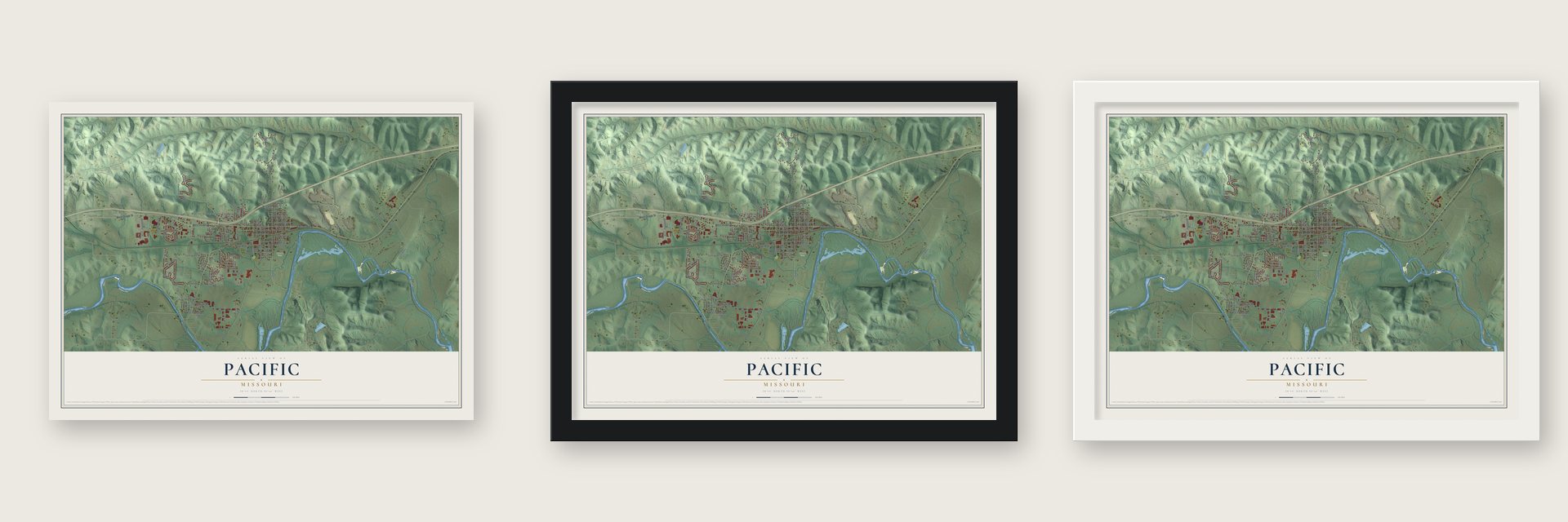 Pacific, Missouri map unframed, in a black wood frame and in a white wood frame