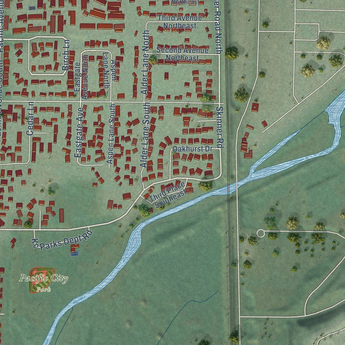 Second close-up of the map of Pacific, Washington print showing more streets and buildings