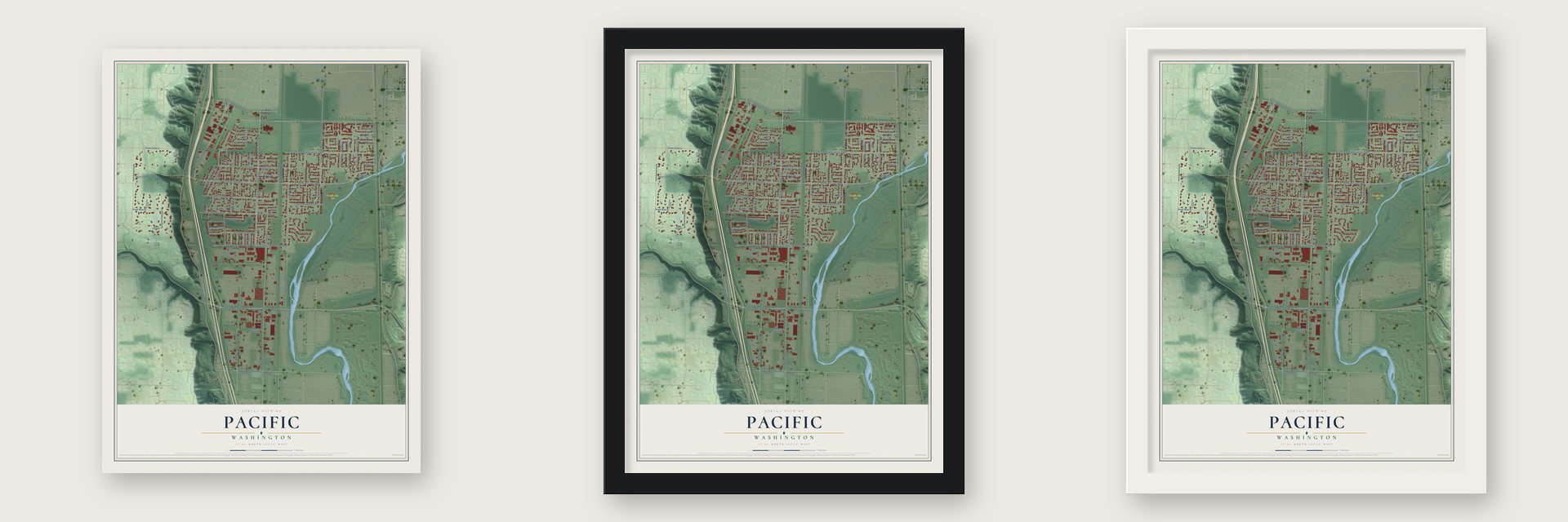 Pacific, Washington map unframed, in a black wood frame and in a white wood frame