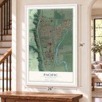 Pacific, Washington map, 24 x 36 inch print in a white frame by a staircase
