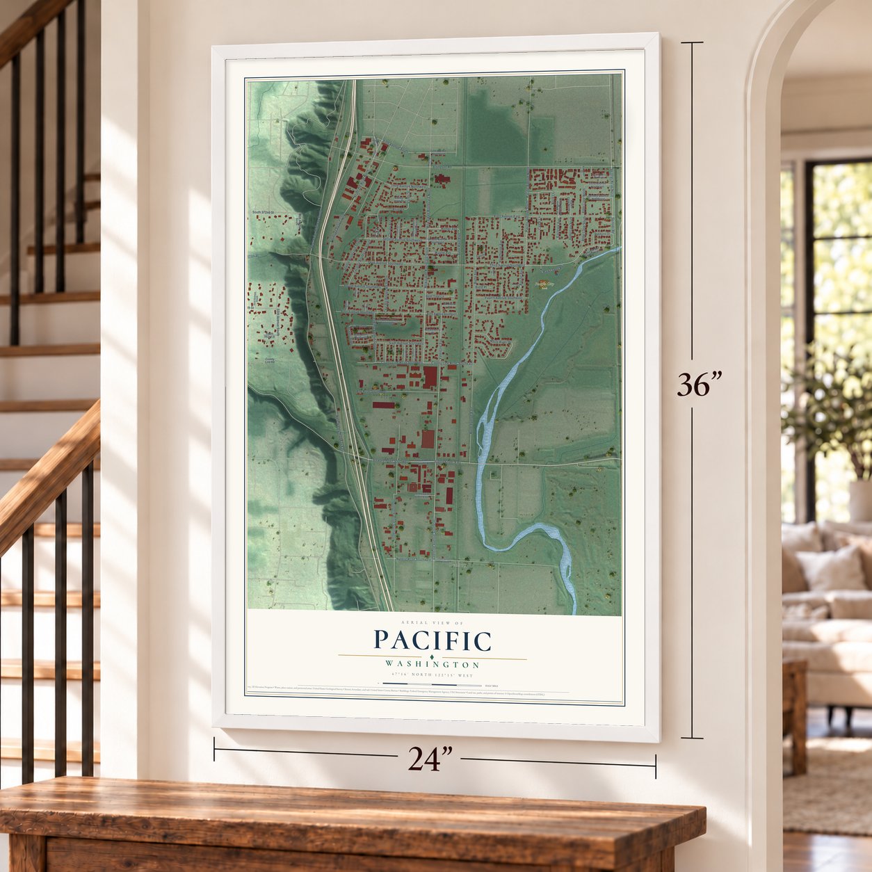 Pacific, Washington map, 24 x 36 inch print in a white frame by a staircase
