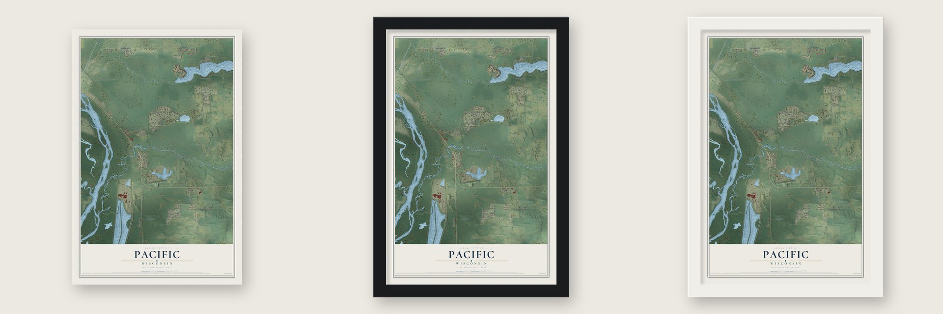 Pacific, Wisconsin map unframed, in a black wood frame and in a white wood frame