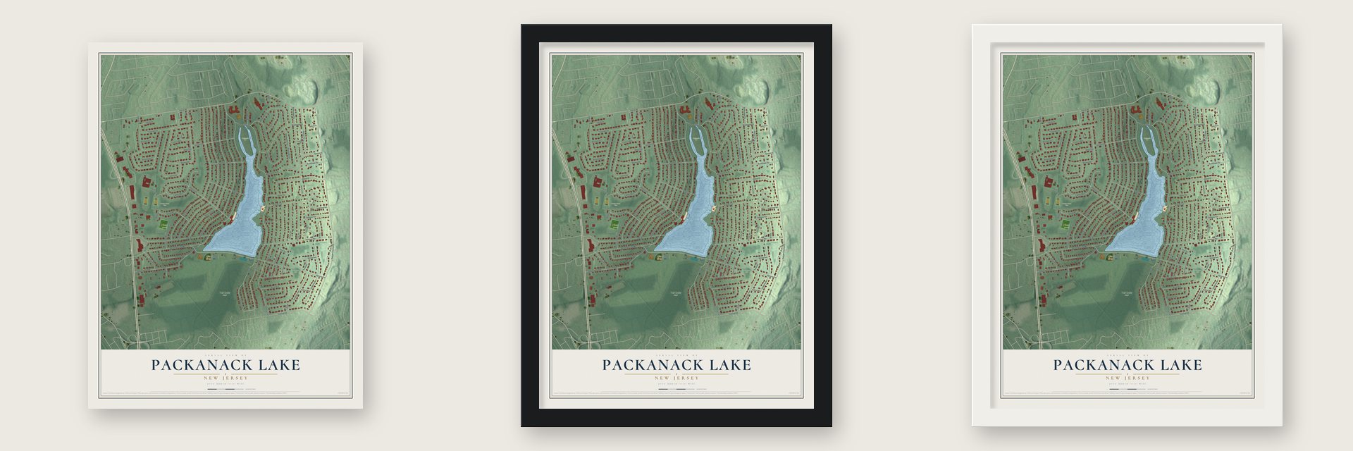 Packanack Lake, New Jersey map unframed, in a black wood frame and in a white wood frame