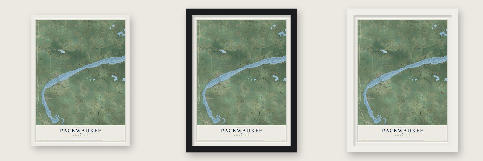 Packwaukee, Wisconsin map unframed, in a black wood frame and in a white wood frame