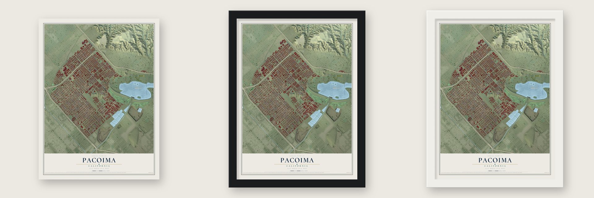 Pacoima, California map unframed, in a black wood frame and in a white wood frame