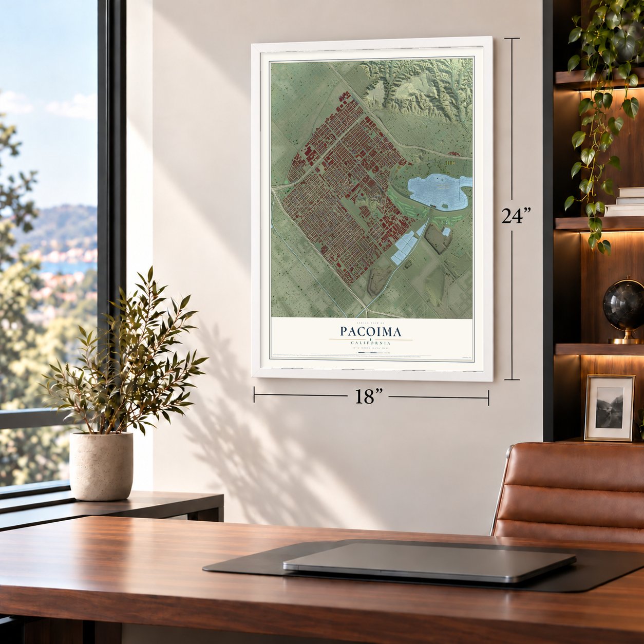 Pacoima, California map, 18 x 24 inch print in a white frame in a home office