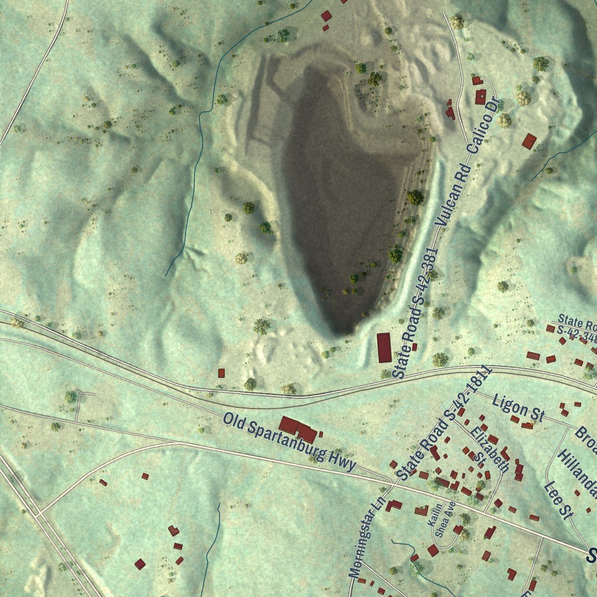 Second close-up of the map of Pacolet, South Carolina print showing more streets and buildings