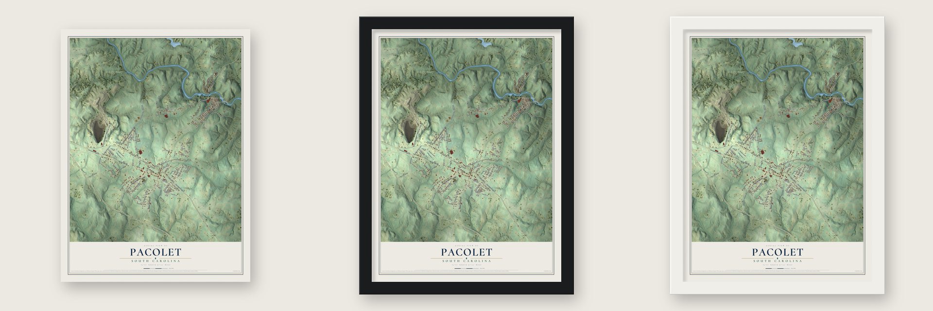 Pacolet, South Carolina map unframed, in a black wood frame and in a white wood frame