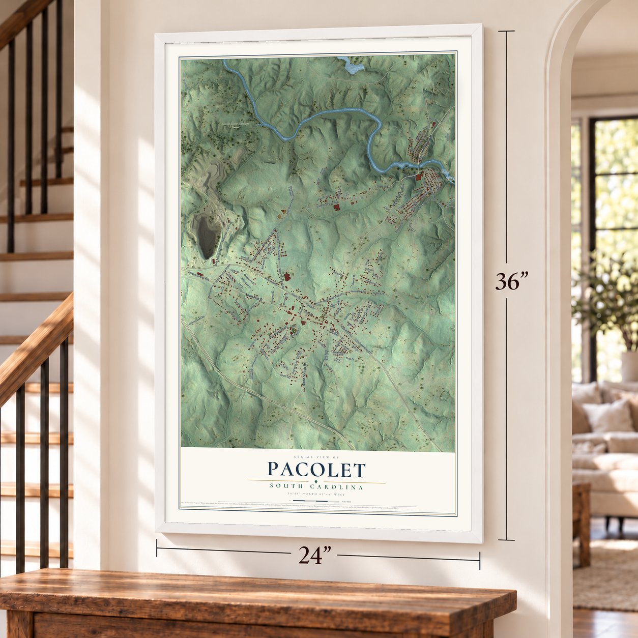 Pacolet, South Carolina map, 24 x 36 inch print in a white frame by a staircase