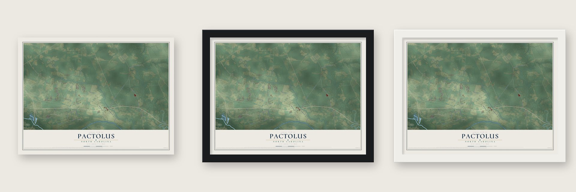 Pactolus, North Carolina map unframed, in a black wood frame and in a white wood frame
