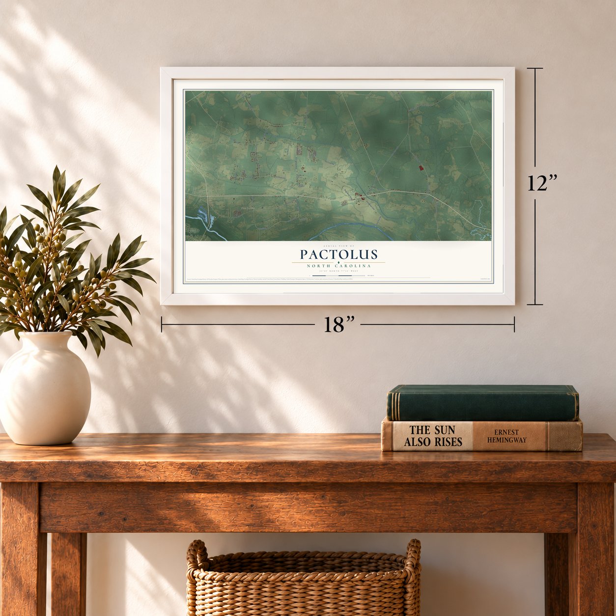 Pactolus, North Carolina map, 12 x 18 inch print in a white frame in an entryway