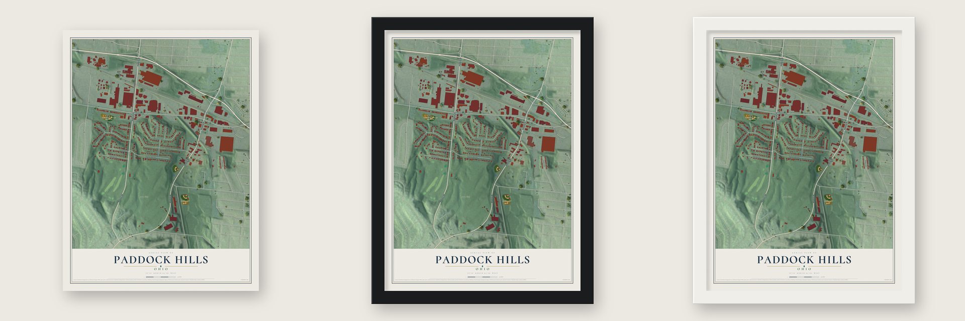 Paddock Hills, Ohio map unframed, in a black wood frame and in a white wood frame