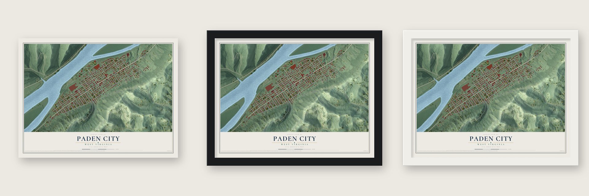 Paden City, West Virginia map unframed, in a black wood frame and in a white wood frame