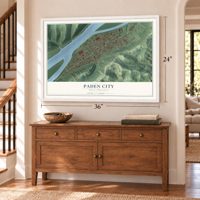 Paden City, West Virginia map, 24 x 36 inch print in a white frame above a dresser by a staircase
