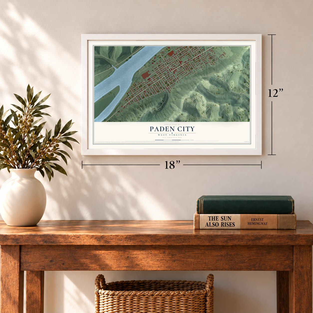 Paden City, West Virginia map, 12 x 18 inch print in a white frame in an entryway