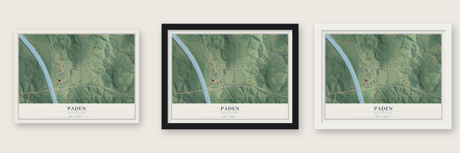 Paden, Mississippi map unframed, in a black wood frame and in a white wood frame