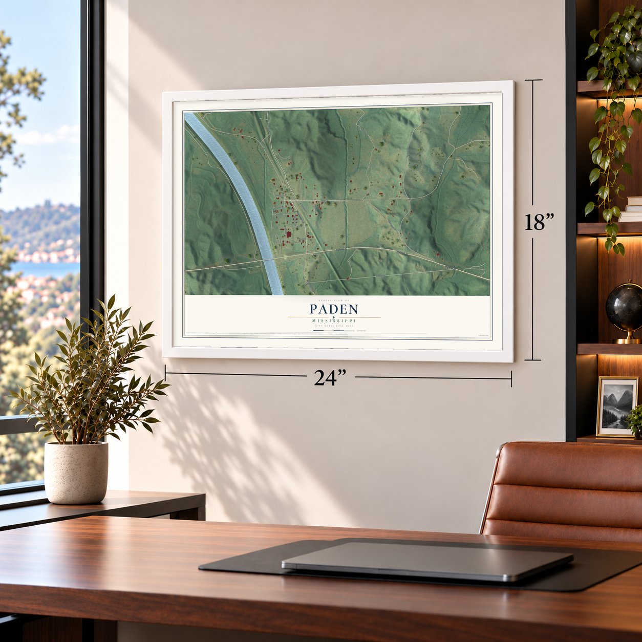 Paden, Mississippi map, 18 x 24 inch print in a white frame in a home office