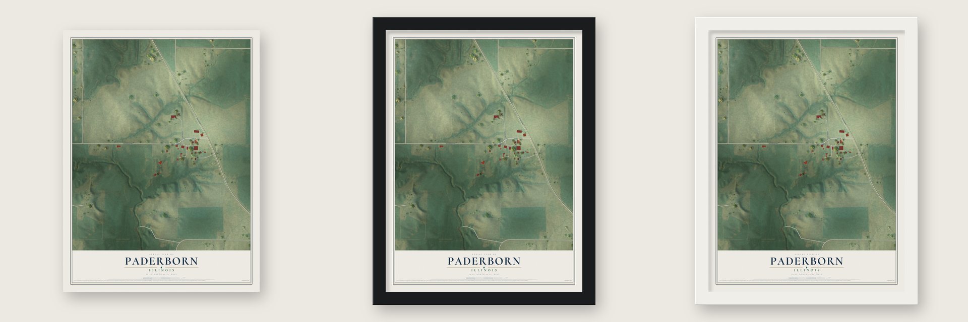 Paderborn, Illinois map unframed, in a black wood frame and in a white wood frame