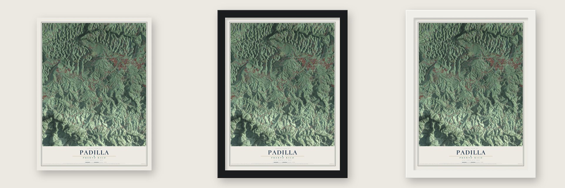 Padilla, Puerto Rico map unframed, in a black wood frame and in a white wood frame