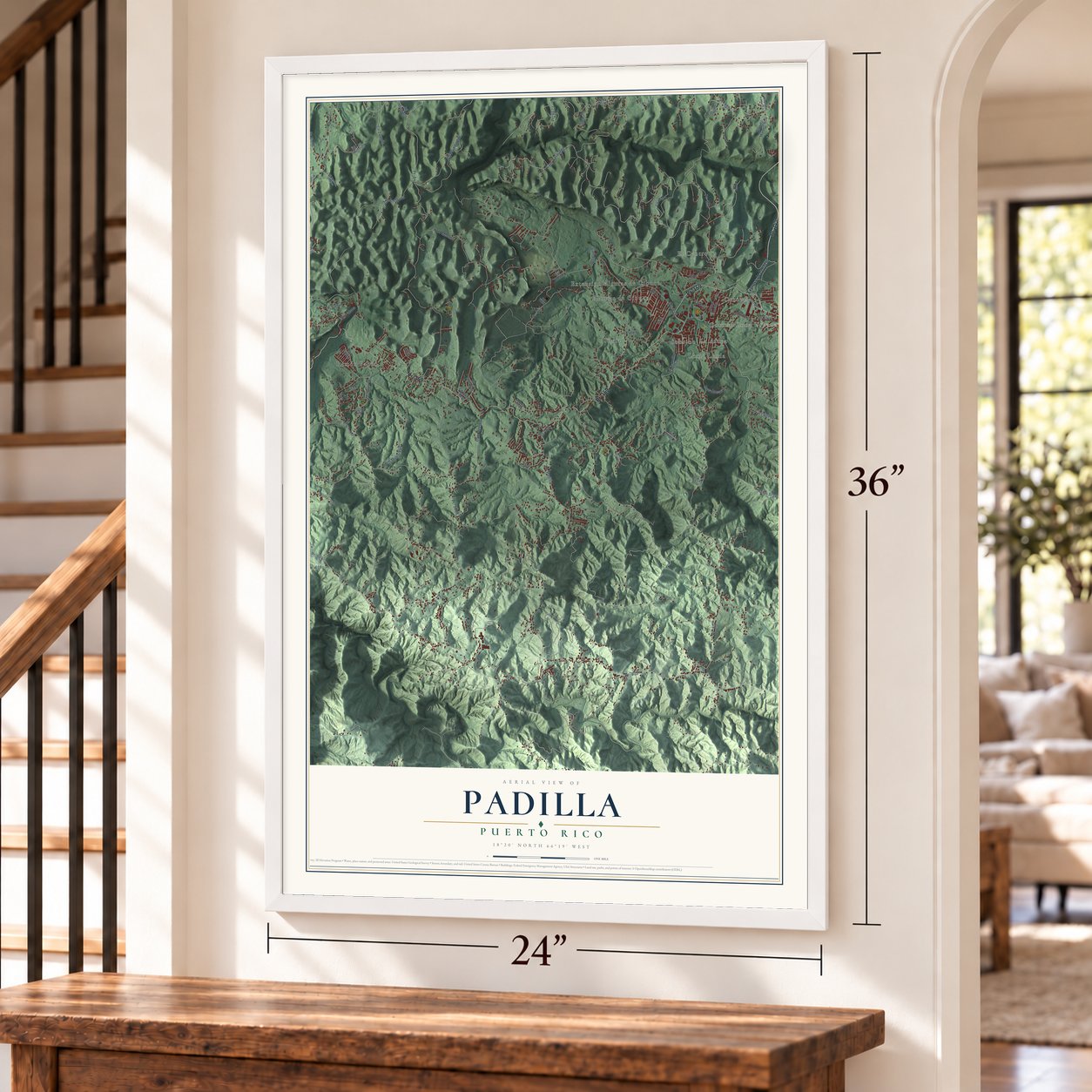 Padilla, Puerto Rico map, 24 x 36 inch print in a white frame by a staircase