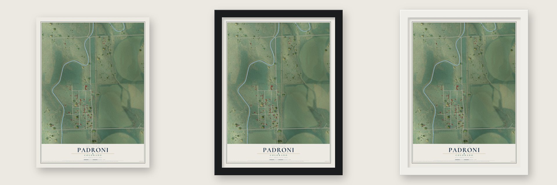 Padroni, Colorado map unframed, in a black wood frame and in a white wood frame