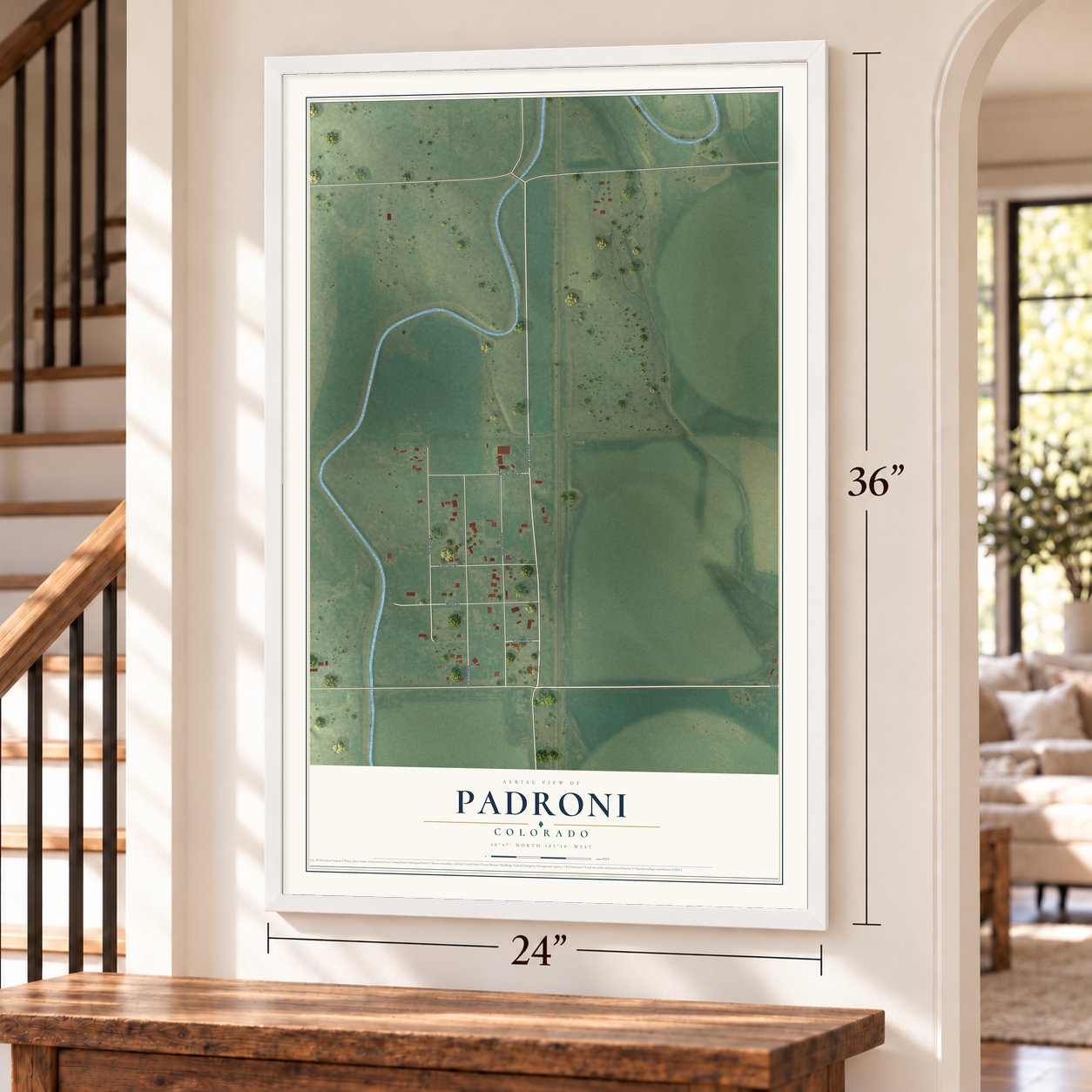 Padroni, Colorado map, 24 x 36 inch print in a white frame by a staircase