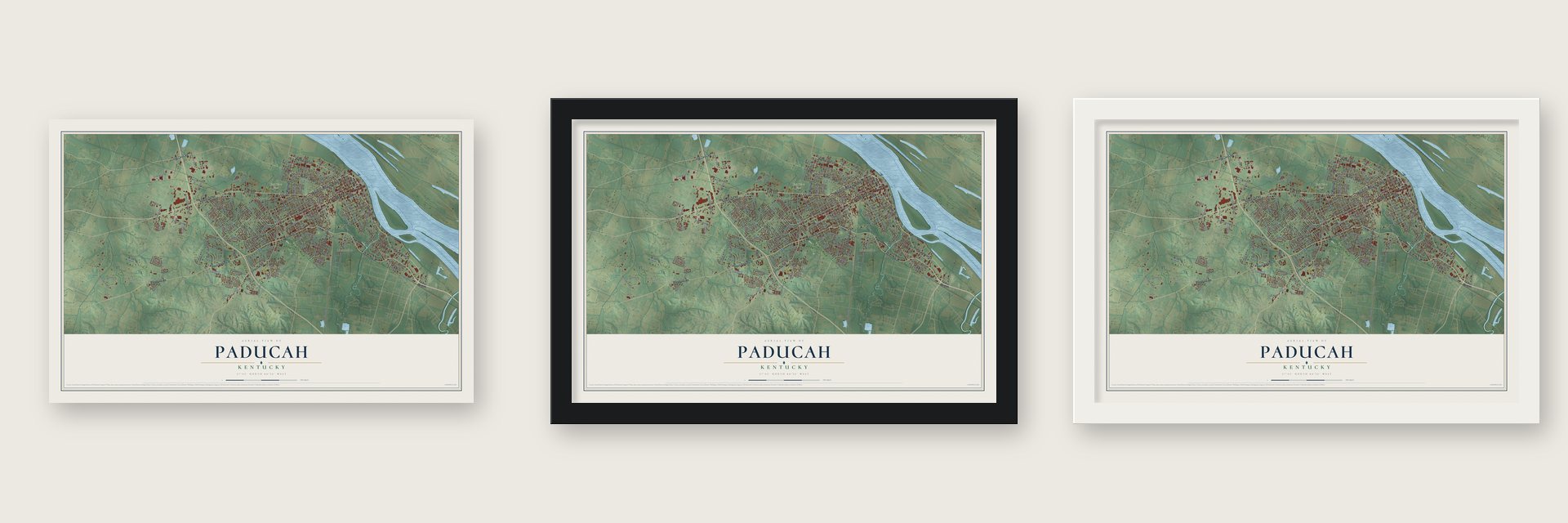 Paducah, Kentucky map unframed, in a black wood frame and in a white wood frame