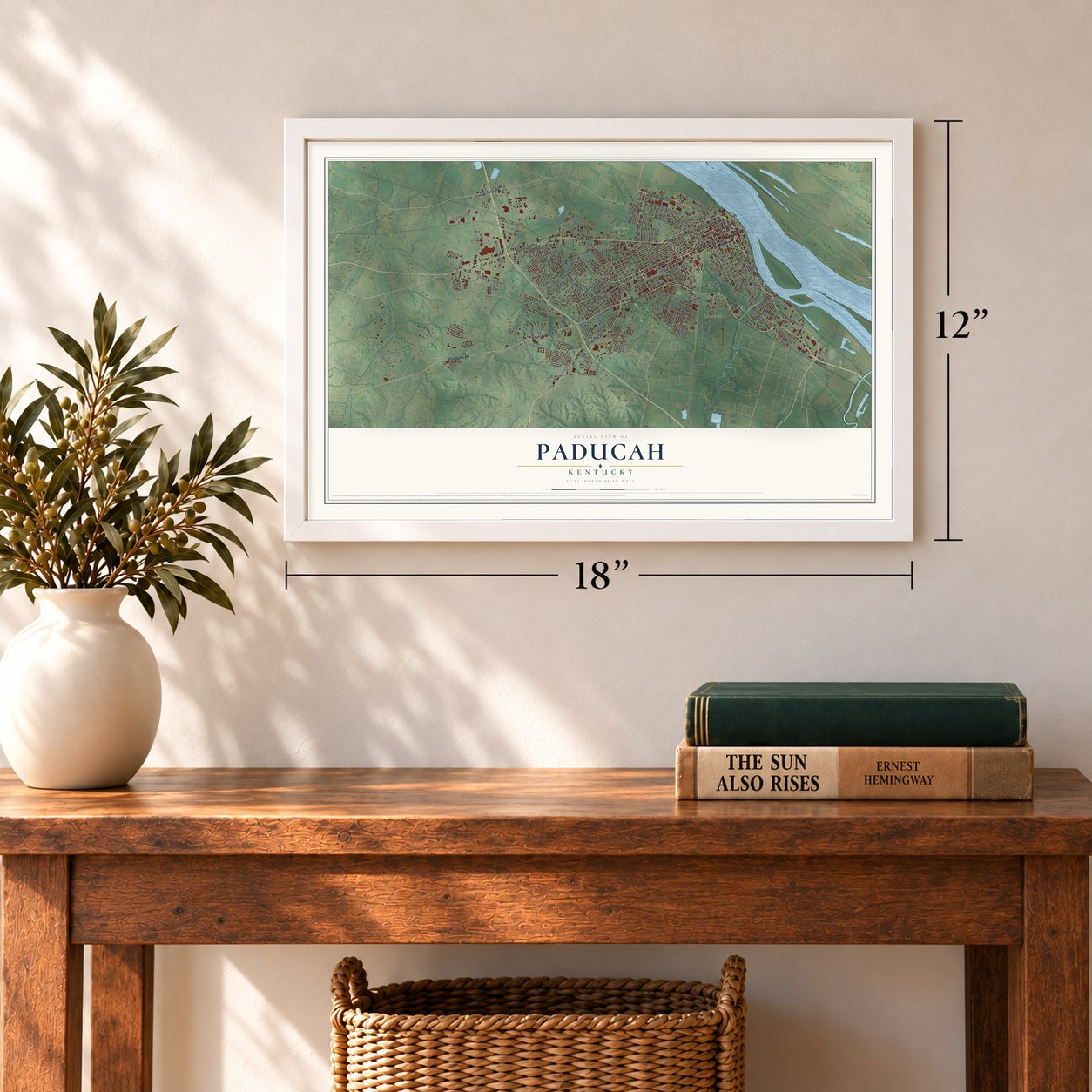 Paducah, Kentucky map, 12 x 18 inch print in a white frame in an entryway
