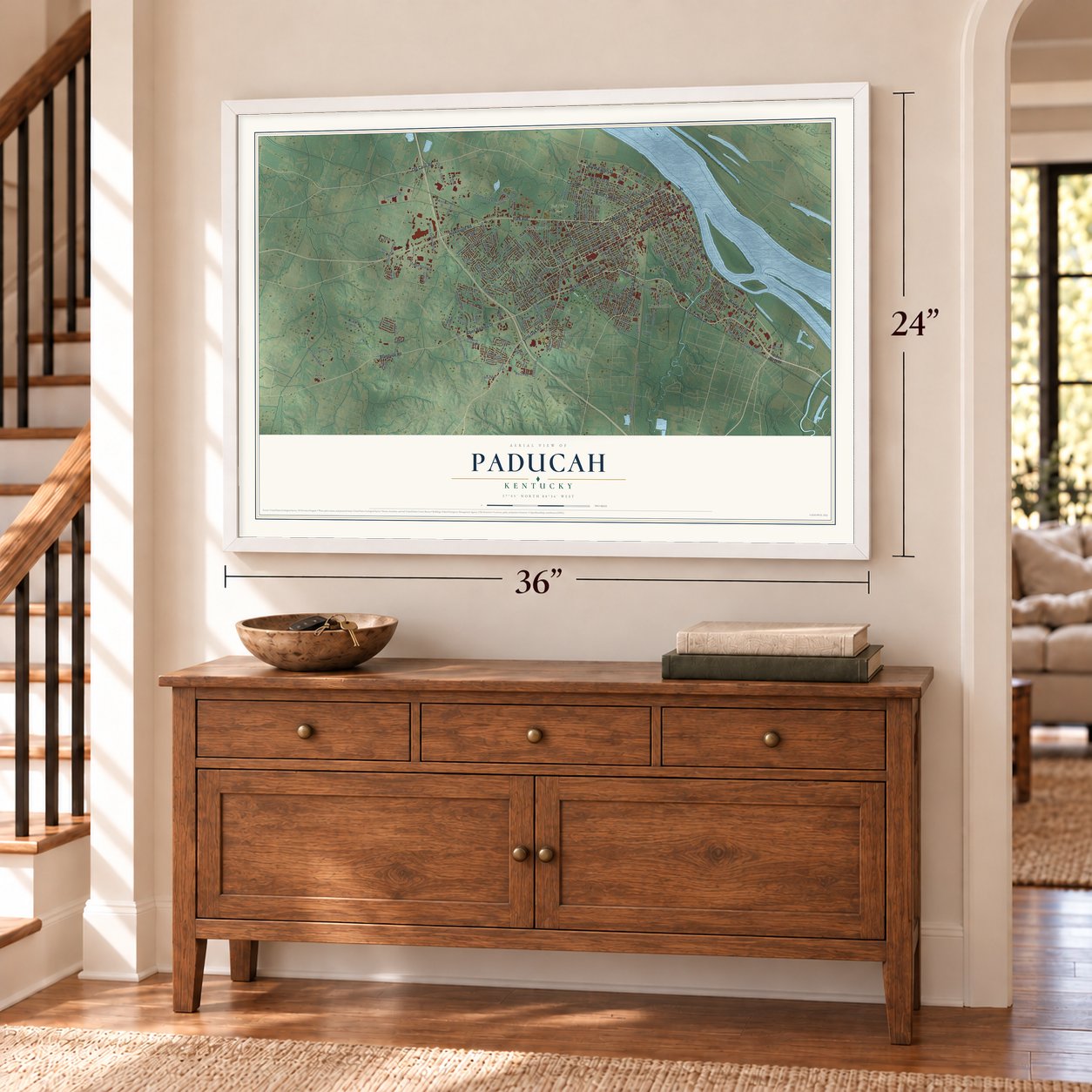 Paducah, Kentucky map, 24 x 36 inch print in a white frame above a dresser by a staircase