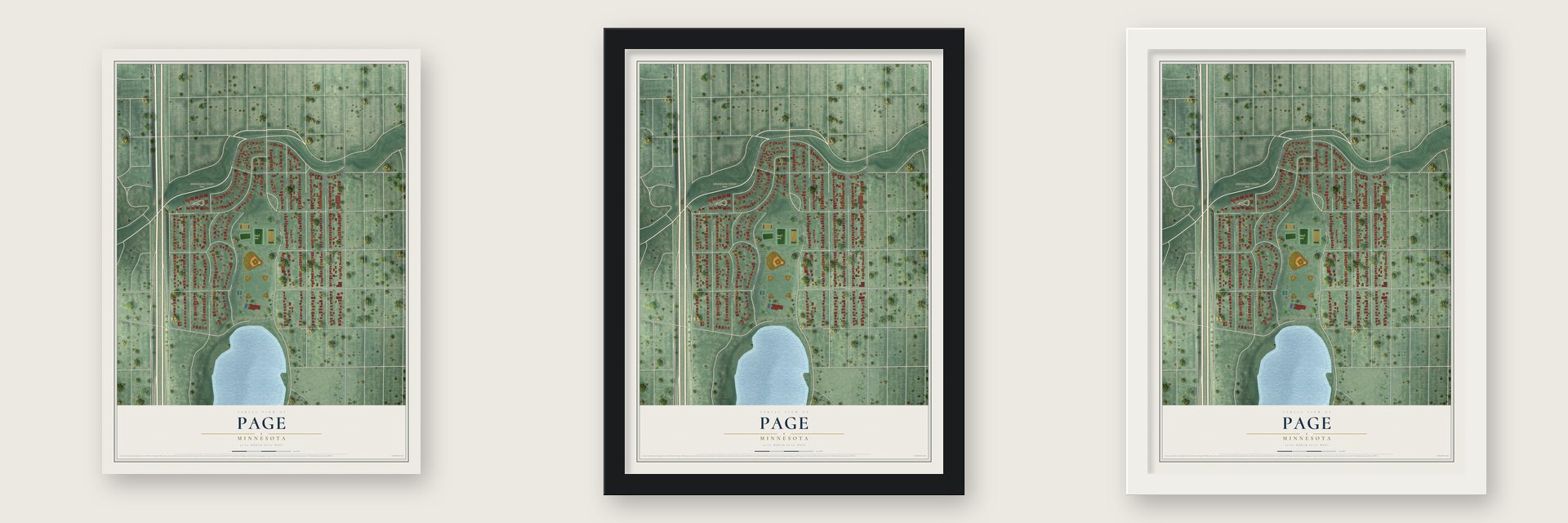 Page, Minnesota map unframed, in a black wood frame and in a white wood frame