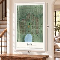 Page, Minnesota map, 24 x 36 inch print in a white frame by a staircase