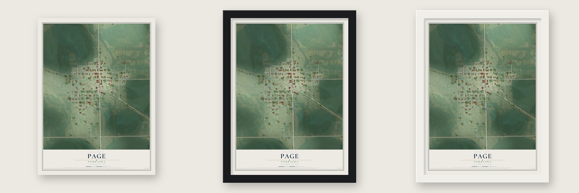 Page, Nebraska map unframed, in a black wood frame and in a white wood frame