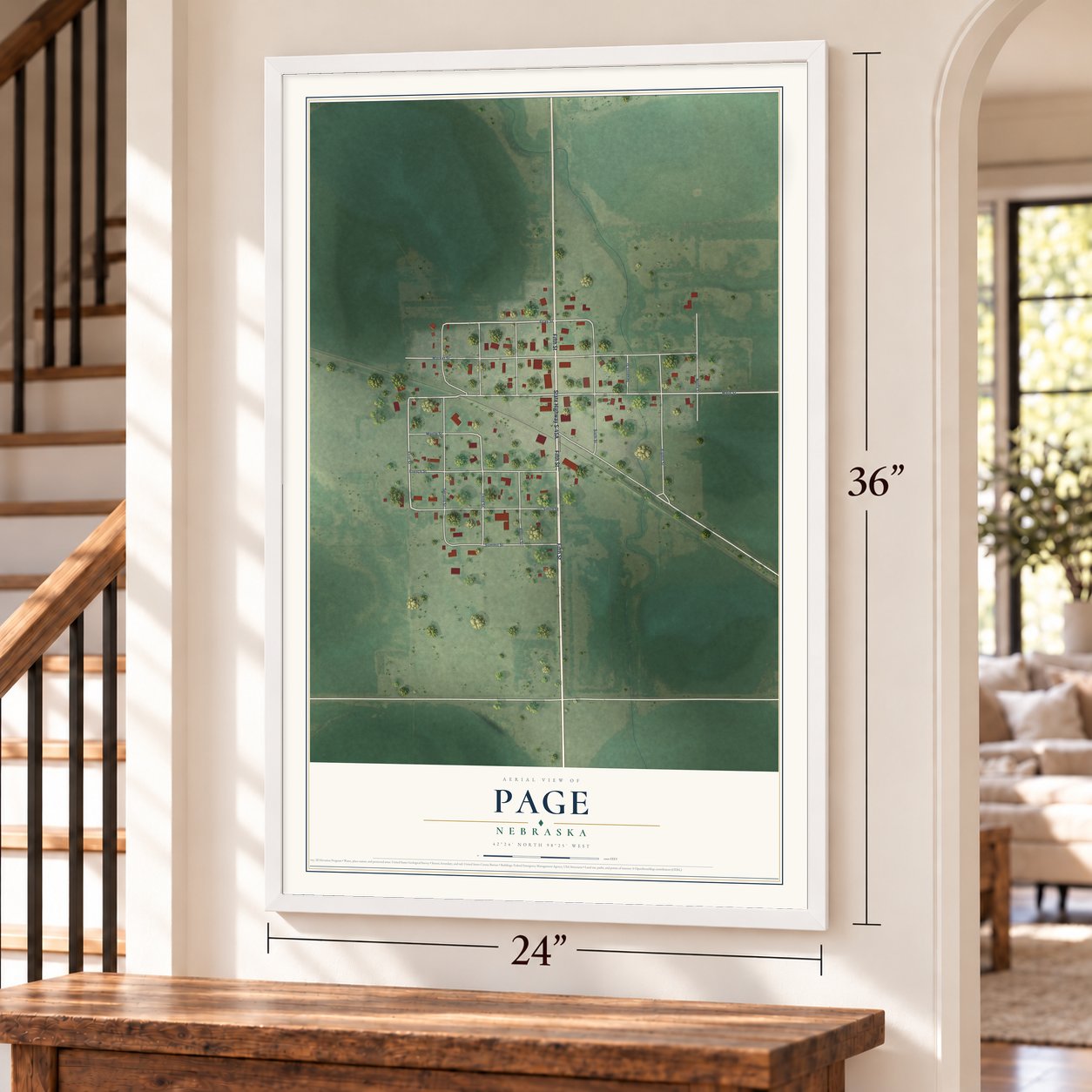Page, Nebraska map, 24 x 36 inch print in a white frame by a staircase