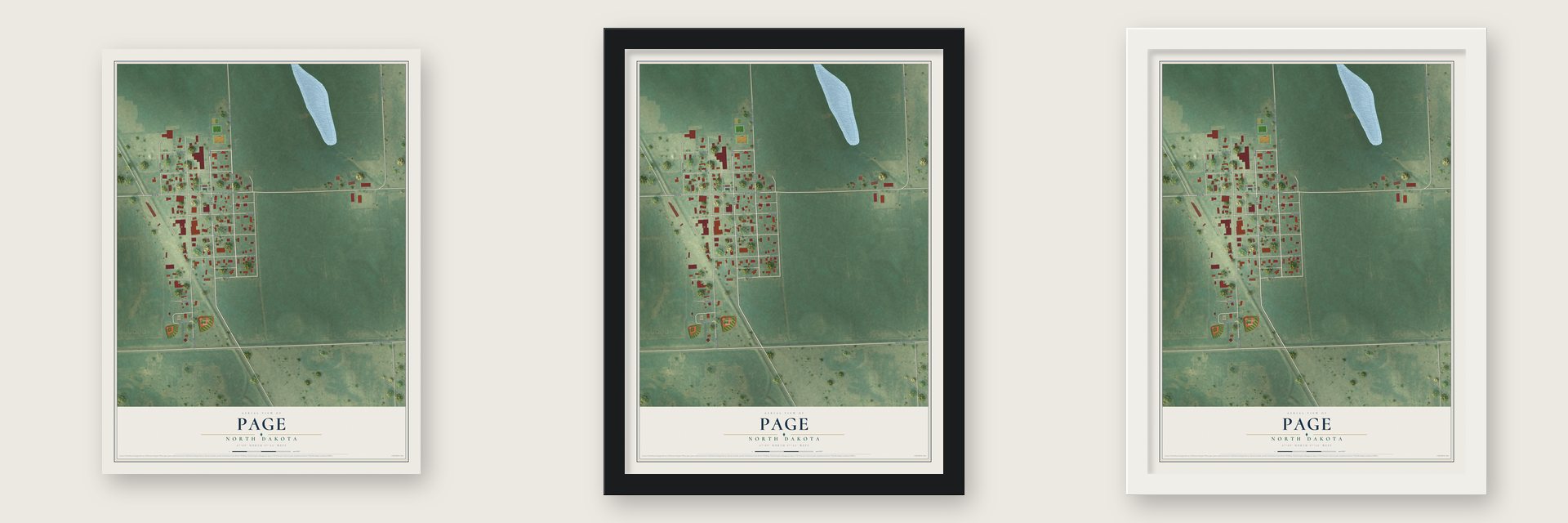 Page, North Dakota map unframed, in a black wood frame and in a white wood frame